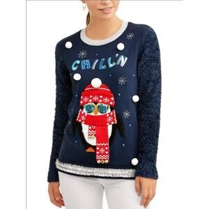 Holiday Time Light Up Ugly Christmas Sweater Cool Penguin CHILL’N Blue XXL NWT!